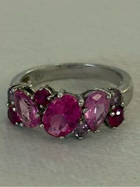 DL 925 Sterling Silver Pink Gemstone Cluster Mosaic Band Ring Size 5